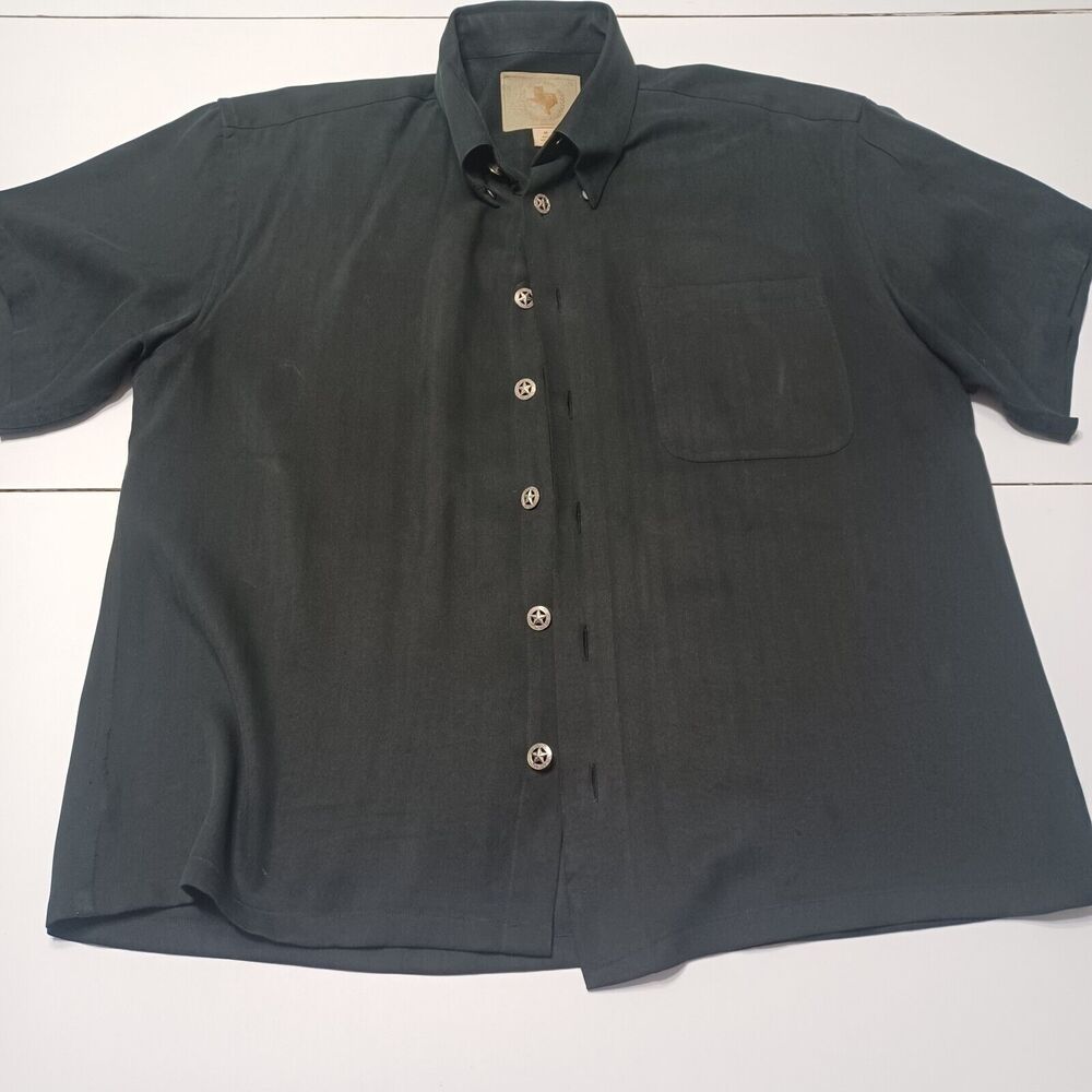 Texas Gear Medium Men Texas Star Button Shirt Blac Short Sleeve 100% Washed Silk